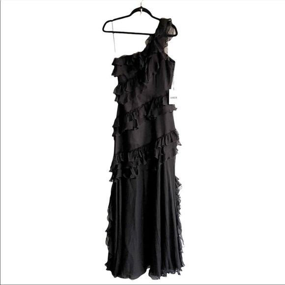 AMUR Harlow Silk One-Shoulder Ruffle & Sheer Maxi Dress Black 2 - Picture 15 of 16